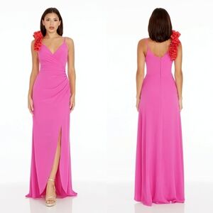 Dress The Population Ruffled Shoulder  Camelia Gown In BRIGHT FUCHSIA-POPPY